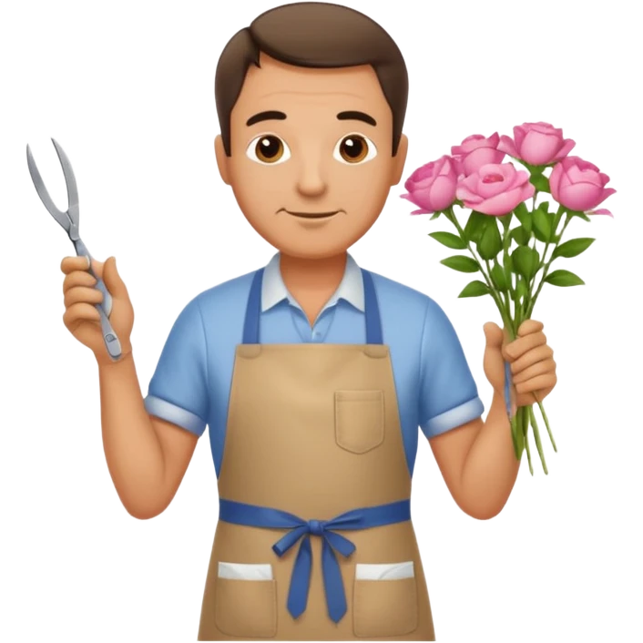 Middle-aged male florist – apron on, trimming stems with scissors emoji