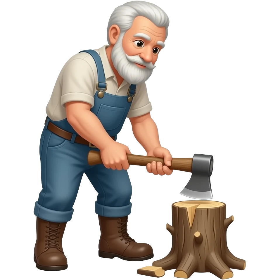 elderly man with a beard chopping wood block with axe emoji