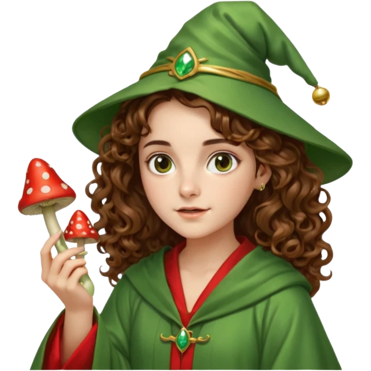 very beautiful italian girl, looking like Emma Watson, with curly and big volume very bright brown hair, and a golden piercing ring in nose on left side, dressed in a beautiful wizard robe of green colors, holding red fly mushroom emoji