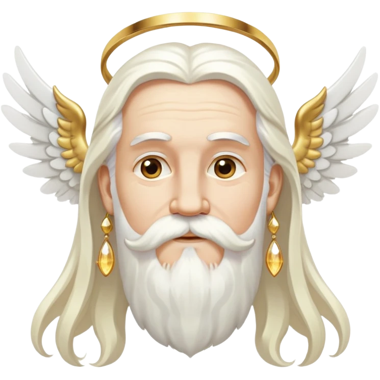 Wise deity with white angel wings, long white hair, beard and mustache, wearing gold drop earrings, heavenly appearance emoji