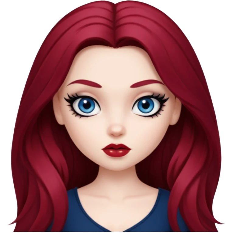 pale skin, girly bratz baddie, beautiful dark blue eyes, sharp black eyeliner, long dark red hair emoji