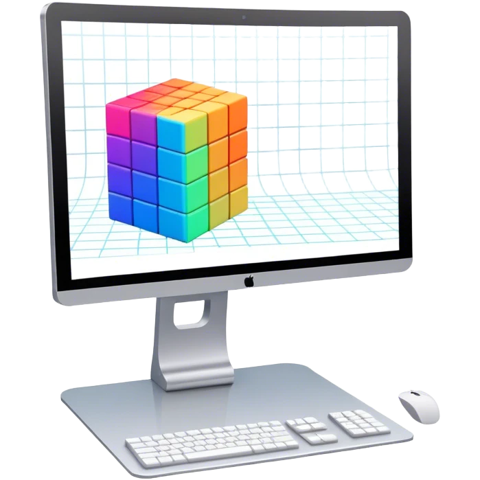 Create an emoji for 3D visualization and modeling. Show a 3D cube or object with grid lines and a modeling tool (e.g., a mouse or stylus) on big curved monitor. Use modern, professional colors. Do not include any emojis or smiley faces. Make the background transparent. emoji