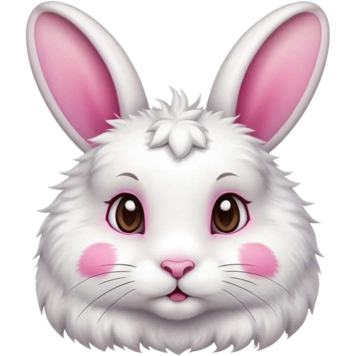 White super fluffy rabbit with dark brown spots, with one ear up and one ear down emoji