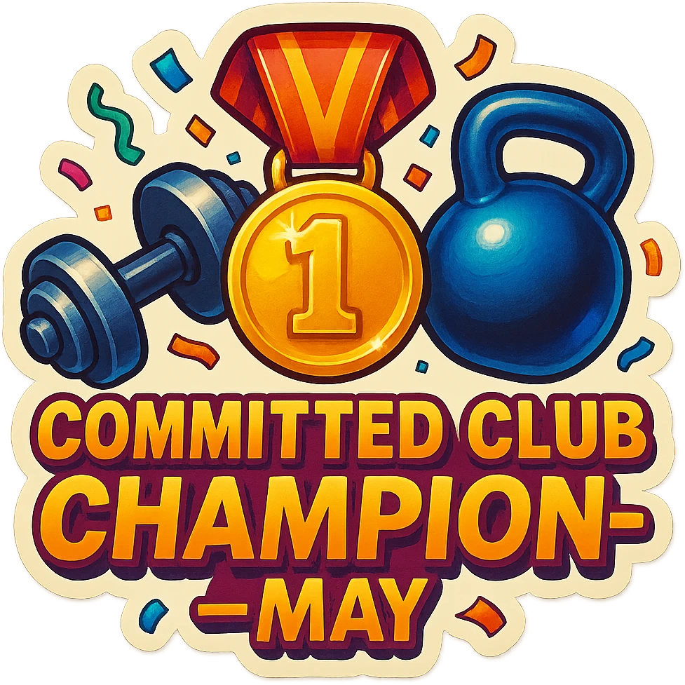 celebratory sticker for a gym member who achieved first place on the Committed Club leaderboard for May, featuring a gold medal, gym elements like dumbbells or kettlebells, festive confetti, with the text 'Committed Club Champion – May' in a bold, energetic style emoji