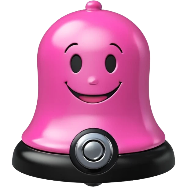 pink call bell with chrome knob on top and black base with smiley face on it emoji