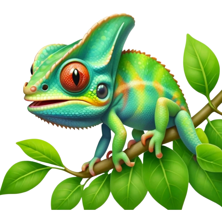 cinematic cute -baby chameleon-realistic emoji, mouth wide open with tongue out catching prey, -blending-with-vibrant-greenery.-detailed-scales-in-shifting-colors,-showing-the-chameleon’s-ability-to-camouflage.-soft-natural-light-highlights-its-texture.-light-background, zoomed into its face emoji