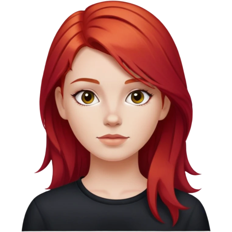 White girl with medium length dyed ed hair no bangs, no accessorise, wearing black emoji