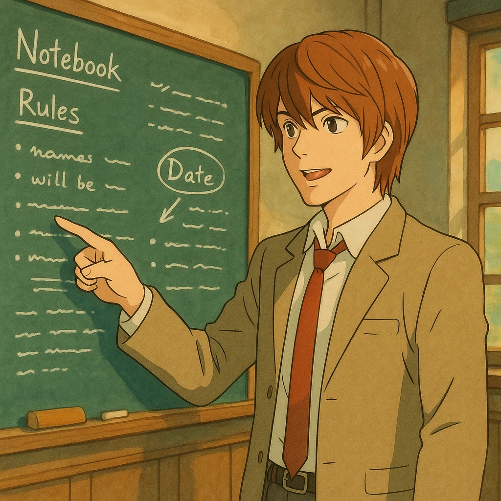 Light Yagami pointing at a chalkboard with notes, mid-explanation, classroom setting, whimsical Ghibli atmosphere emoji