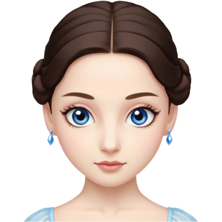 Realistic Ballerina Portrait, with porcelain-like skin featuring a natural rosy flush, illuminated by soft lighting that highlights the gentle contours of her face. Her Brunette hair flows in soft.Her deep blue eyes radiate framed by arched brows and long lashes. emoji