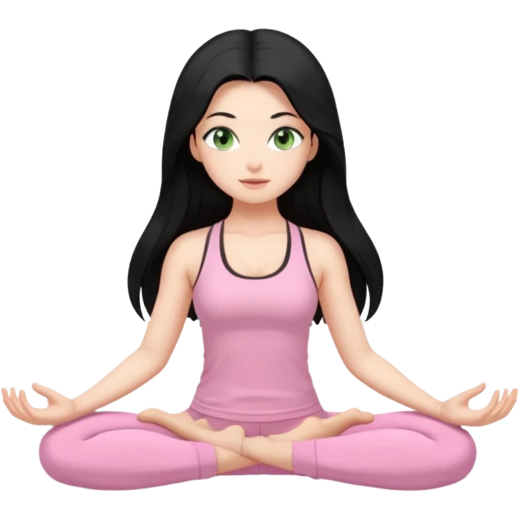 Girl with super long black hair with light green eyes doing yoga with light pink clothes emoji