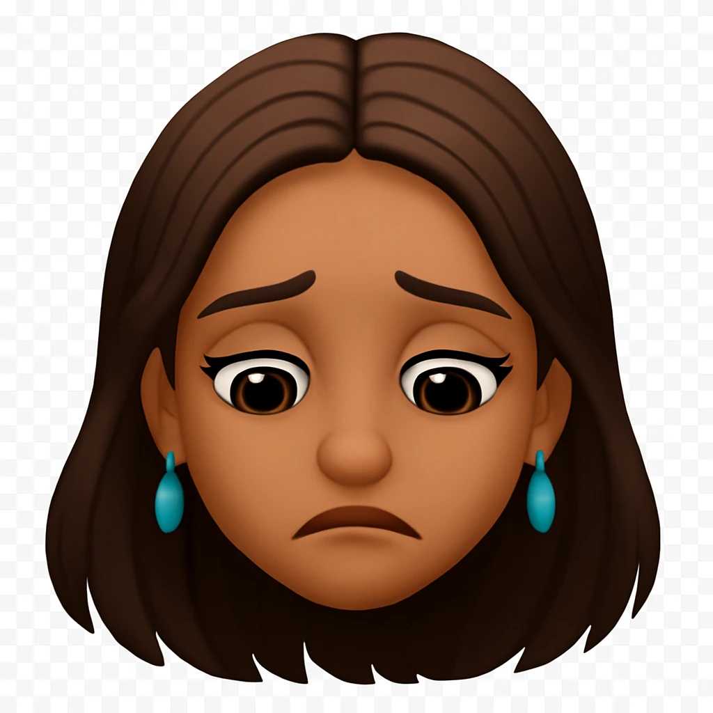 Remove the face markings from the character. Keep the big eyes but move the pupils toward the bottom of the eyes so they are looking down. Change the mouth to an upside down closed-lip smile. Make the hair slightly longer. Keep no background. The style should remain consistent with the original image provided. emoji