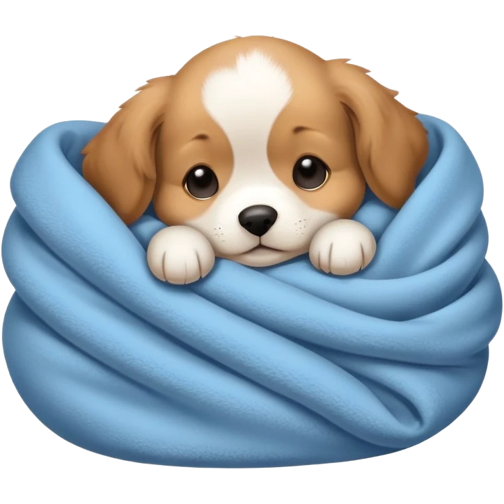 cute puppy curled up in a blanket, cozy and sleepy emoji