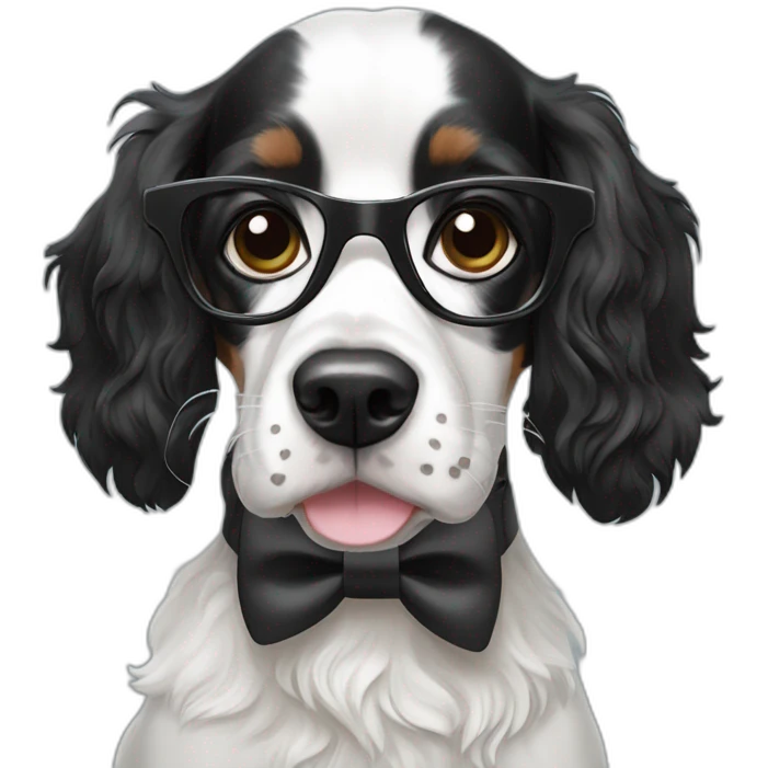 Black & white Spaniel dog wearing a bow tie and glasses emoji