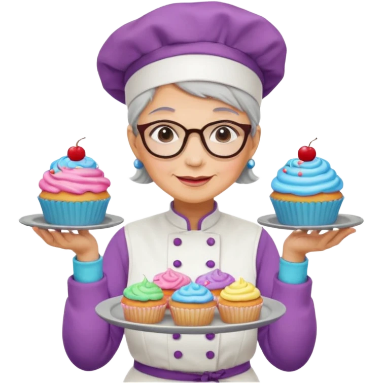 Older female pastry chef – round glasses, oven mitts on, holding a tray of cupcakes

 emoji