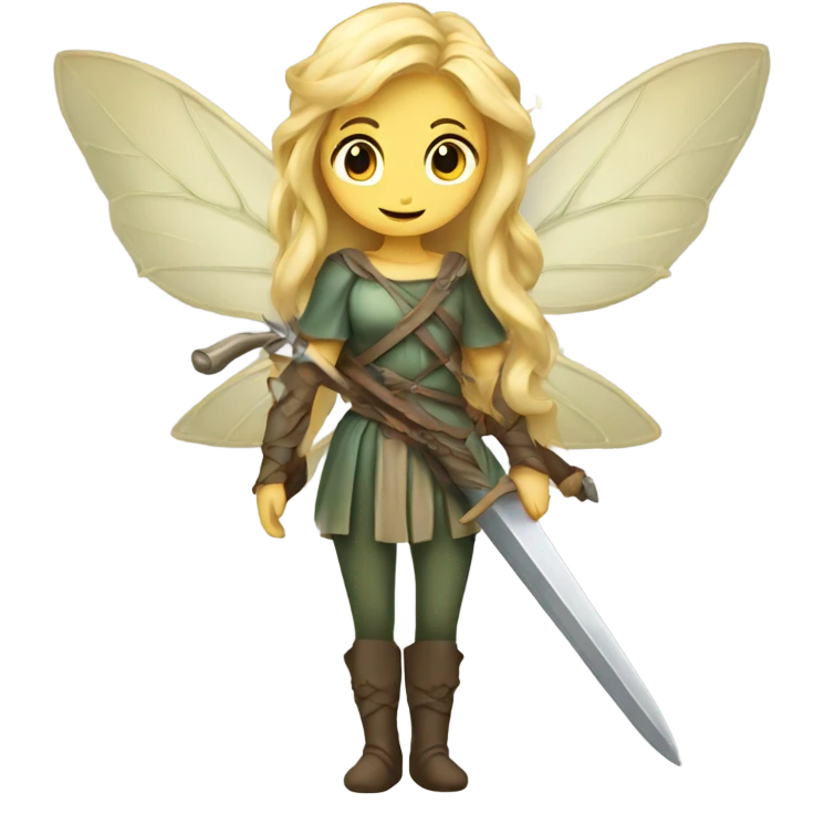 Female fairy, wings, blonde hair, vines, holding medieval sword emoji