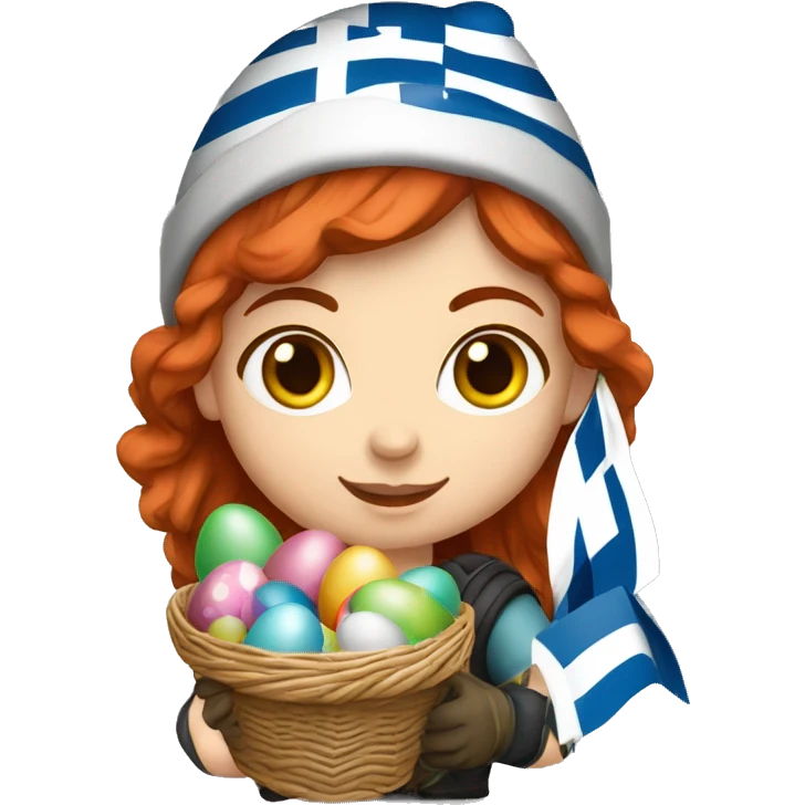 Greek Female winter mountaineer red hair white skin climbing with Greek Flag and Easter eggs basket emoji