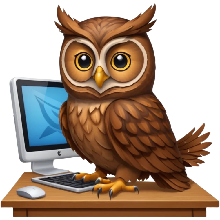 an owl working on computer in an appartement with  timber emoji