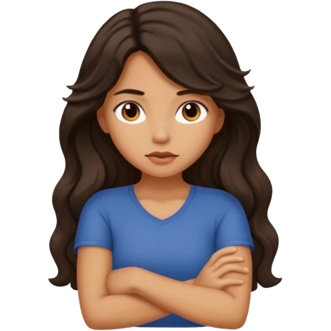 Slightly tan girl dark long wavy hair crossing her arms with slight pout emoji