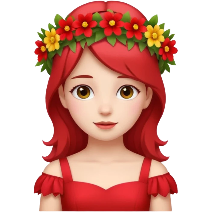 girl with flower crown in red dress and colored flowers emoji