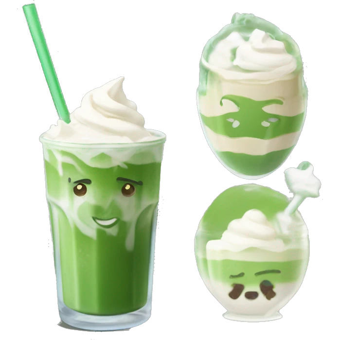 Iced matcha latte in a glass cup with whipped cream emoji