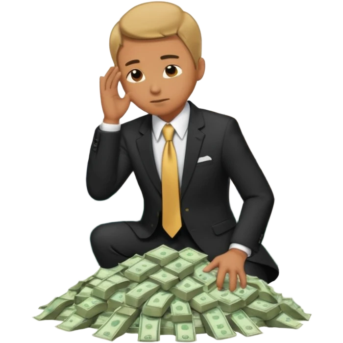 A man bows to a mountain of money emoji
