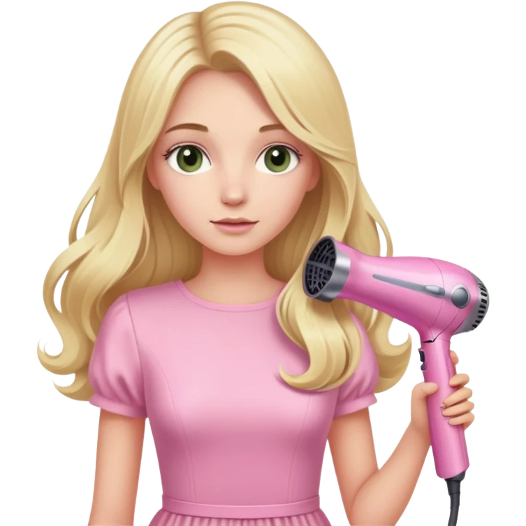 blonde girl with long hair and swamp-colored eyes in a pink pastel dress, holding a pink Dyson hair dryer emoji