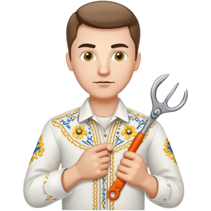 Ukrainian man in white embroidered traditional shirt holding a wrench in one hand and scissors in other hand emoji