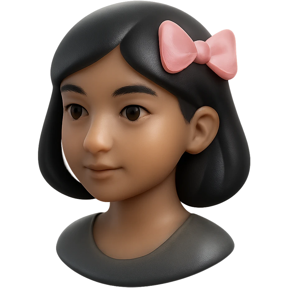 aesthetic portrait of a Sri Lankan girl with dark-ish but light skin, black hair, dark brown eyes, button nose, cute pink bow emoji