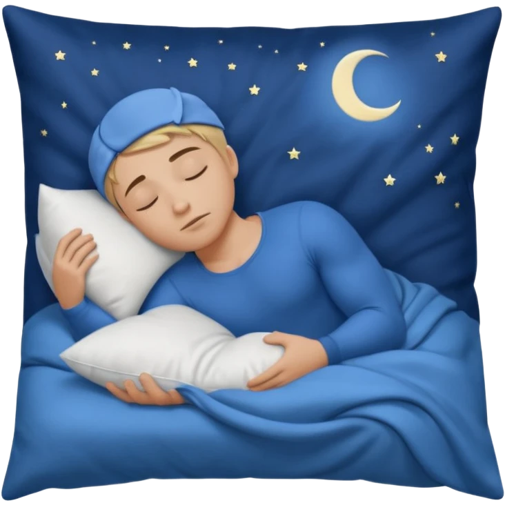 “A young muscular male with short dark-blonde hair and medium-light skin, wearing blue cloth. He sleeps on his side, holding a soft white pillow, his head on a smooth blue pillow. A sleeping symbol floats above him in the dark, nighttime scene. A flowing blue blanket with silky folds covers him. emoji
