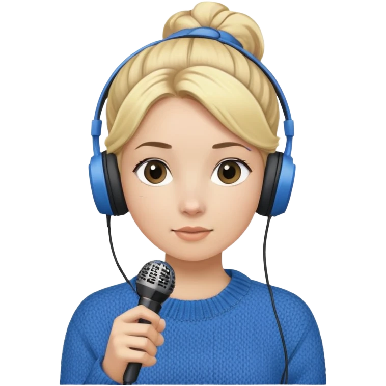 a girl with blue knitwear with a blonde hair
bun and her job is a podcaster (microphone in front of her and a headphone at her head) emoji
