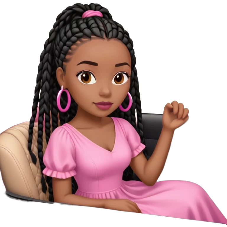 A dark-skinned Black woman with black box braids,in pink car driving emoji