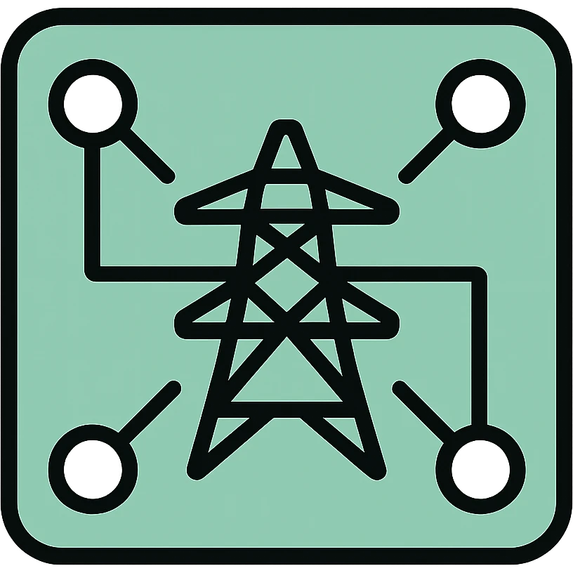 Skeuomorphic smart grid icon with mint green #B5F4D3 and black #111111 color scheme, showing interconnected nodes and power lines in a network pattern, clean symmetric design with subtle depth and soft light emoji