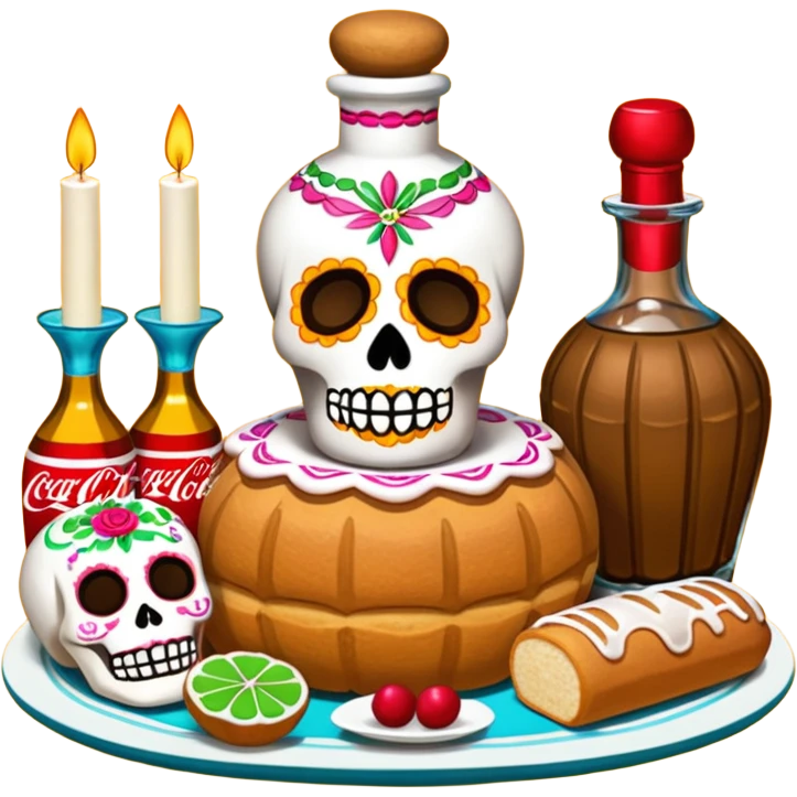 Altar de día de muertos con ofrendas como coca cola, pan dulce, dulces y tequila  emoji