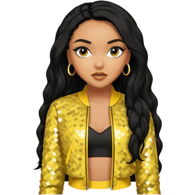 Leigh-Anne Pinnock from Little Mix with long black hair, yellow sequin outfit emoji