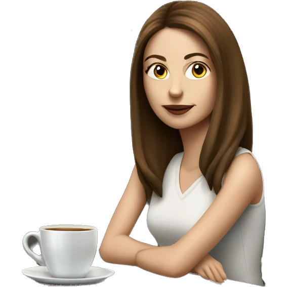 Side view realistic posh brown straight haired pale woman sits at the coffee table emoji