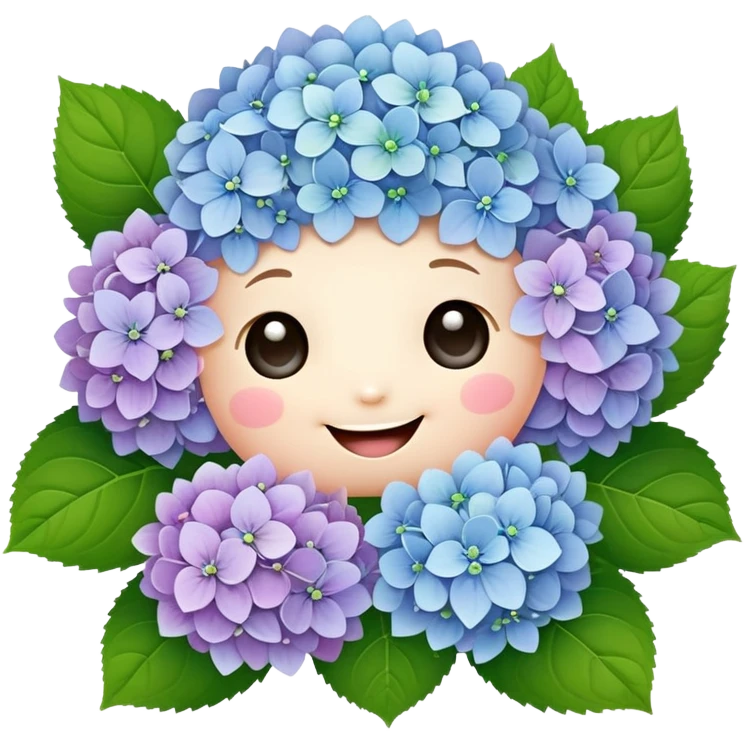 Adorable cute hydrangea flower with happy face, puffy round cluster of pastel colored tiny blooms, cheerful appearance, and cute little green leaves emoji