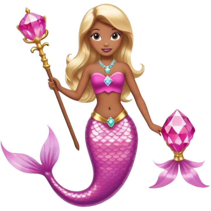 Brown skin blonde hair barbie mermaid with pink diamond tail and wand  emoji