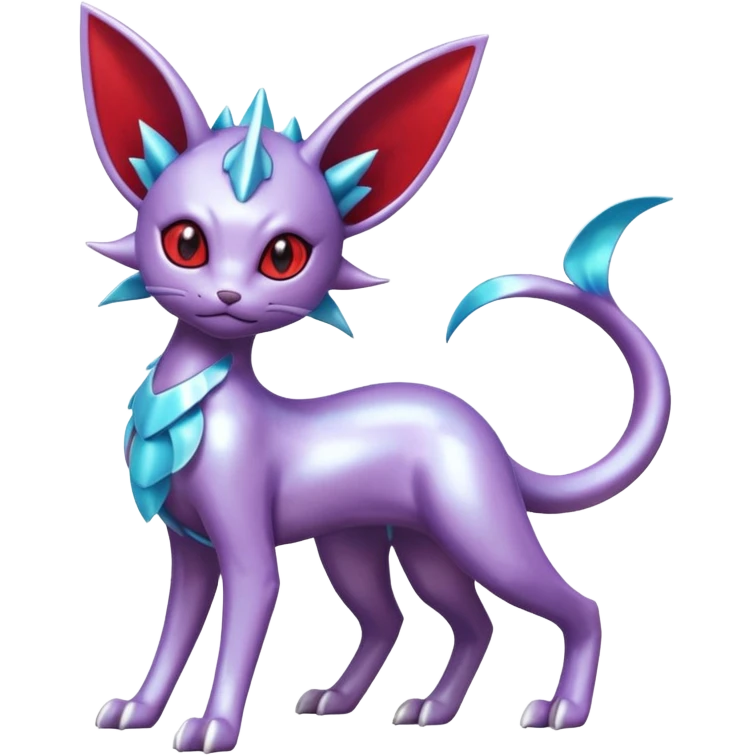 Mechanical Silvery Iridescent Miraidon-Espeon-Mewtwo-Vaporeon-Fakémon-hybrid-creature (full body)  with red eyes and intricate markings emoji