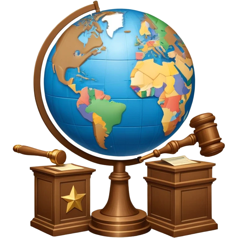 An icon featuring a globe with a gavel and a political map, symbolizing political science. The design includes a ballot box and a podium, representing democracy and governance. Transparent background highlights the study of political systems and global relations. emoji