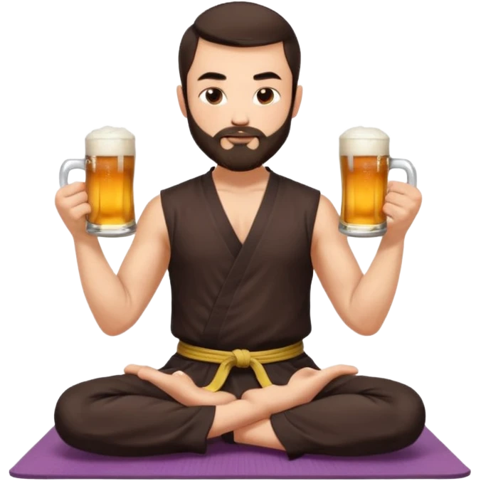slavic guy with dark brown hair and beard, sitting in yoga pose on a mat, kung fu clothes, short dark hair, holding beer mugs in two hands, sitting emoji