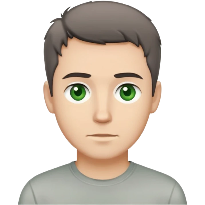 white man with dark messy short hair, dark green eyes, wearing a gray t-shirt emoji