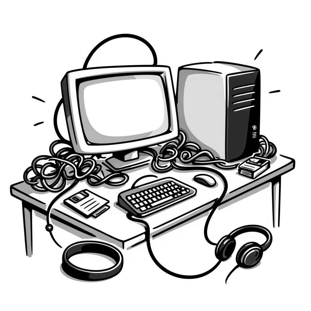 A messy desk full of cables, floppy disks, and a 2000s PC emoji