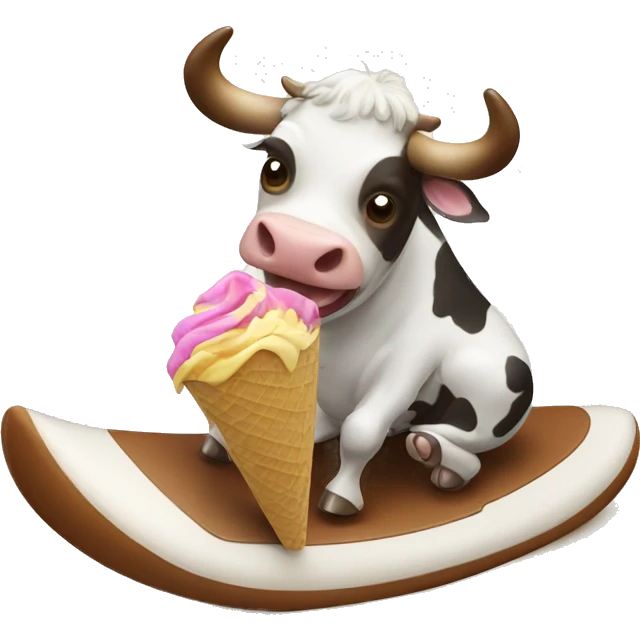 Cow surfing on a beach and eating an icecream emoji
