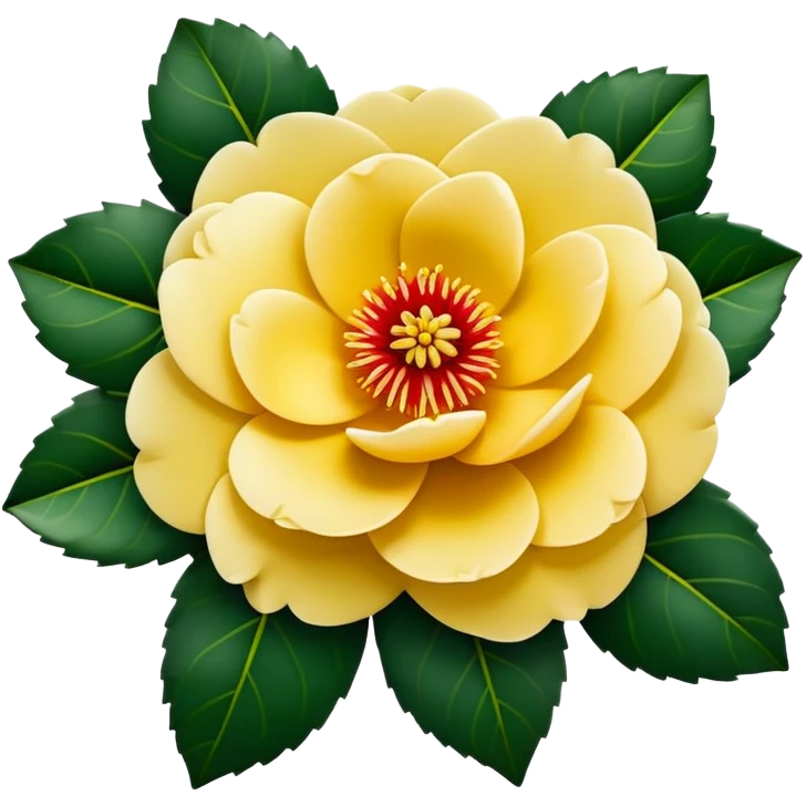 Classic camellia flower with perfectly arranged overlapping red petals, distinctive yellow stamens in center, and serrated glossy dark green leaves emoji