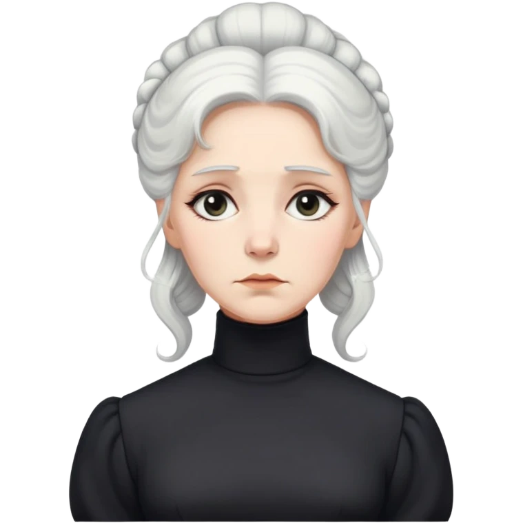 A Victorian woman with elegant coiffed white hair wearing a modest black turtleneck mourning dress with a forlorn expression emoji
