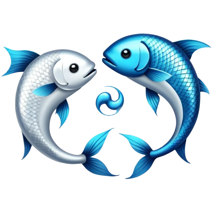 The zodiac symbol Pisces. Two fish in a “yin-yang” formation. One fish’s head is facing the other fish’s tail, and vice versa forming a hoop emoji