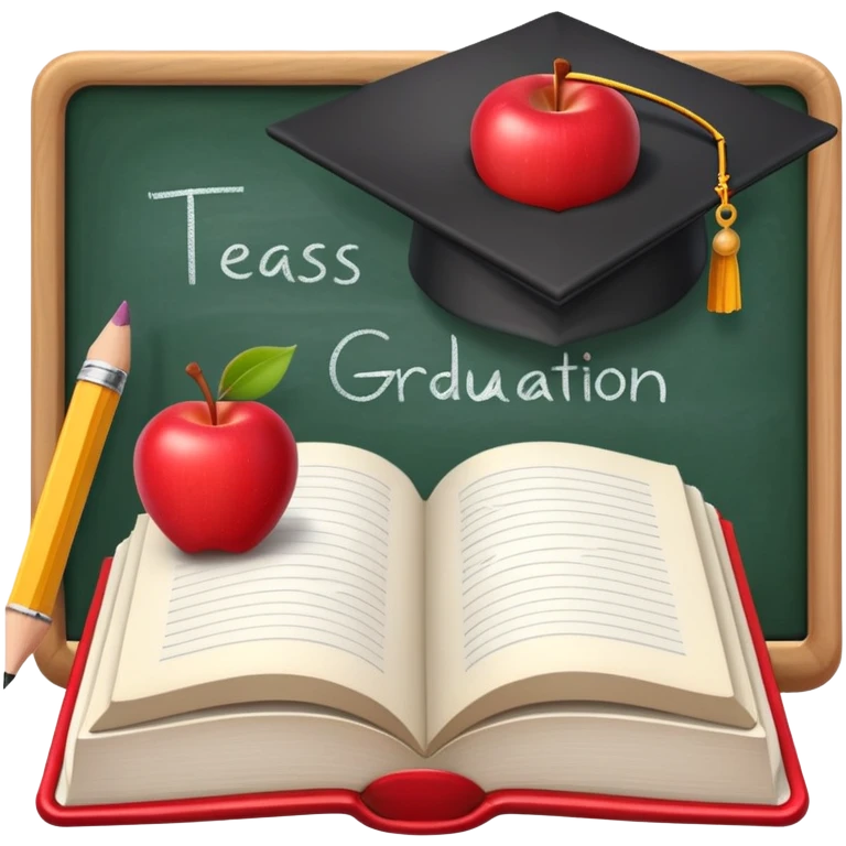An icon featuring an open book, a chalkboard with lesson plans, and a pencil, symbolizing education and pedagogy. The design includes an apple and a graduation cap, representing teaching and learning. Transparent background highlights the growth and development in education. emoji