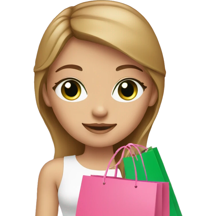 cute light brown hair with green eyes wearing pink surrounded by pink shopping bags emoji