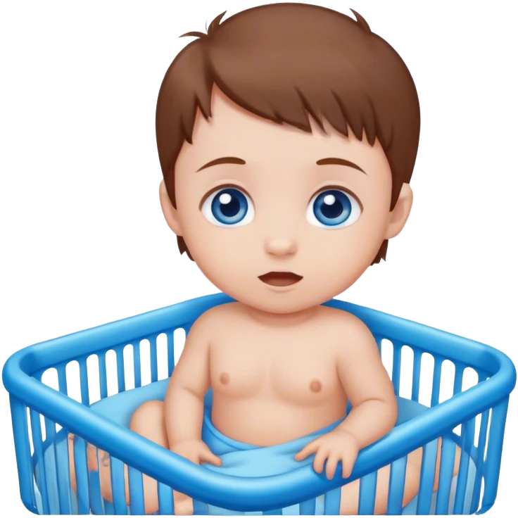 Blue eyes, brown hair baby in playpen  emoji