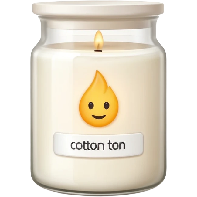 minimal flat emoji of a white scented candle in a glossy white glass jar with the label “cotton”, soft warm glow, clean vector style, elegant and modern, transparent background emoji